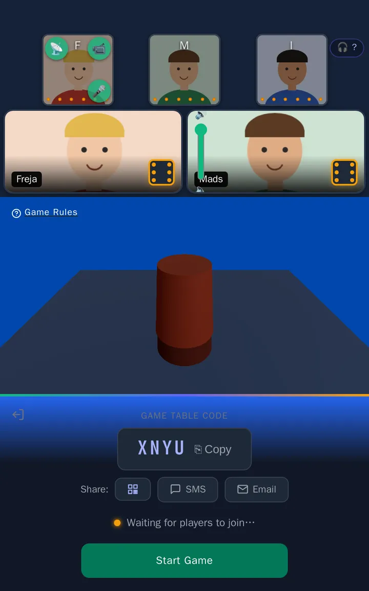 The lobby with three players seated, their camera tiles showing illustrated stand-in faces