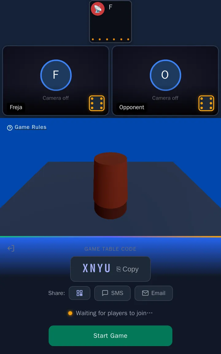 The host's lobby showing the game table code XNYU, a Copy button, share buttons for QR, SMS and Email, and Start Game