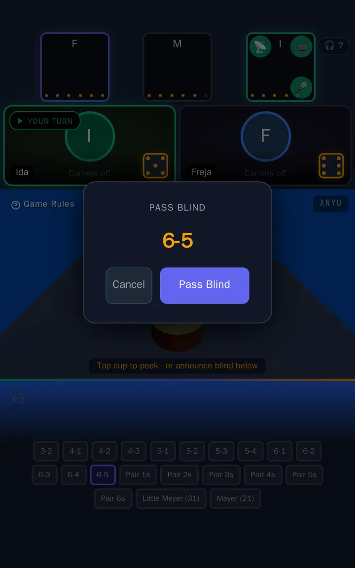 The confirmation dialog "Pass Blind 6-5"