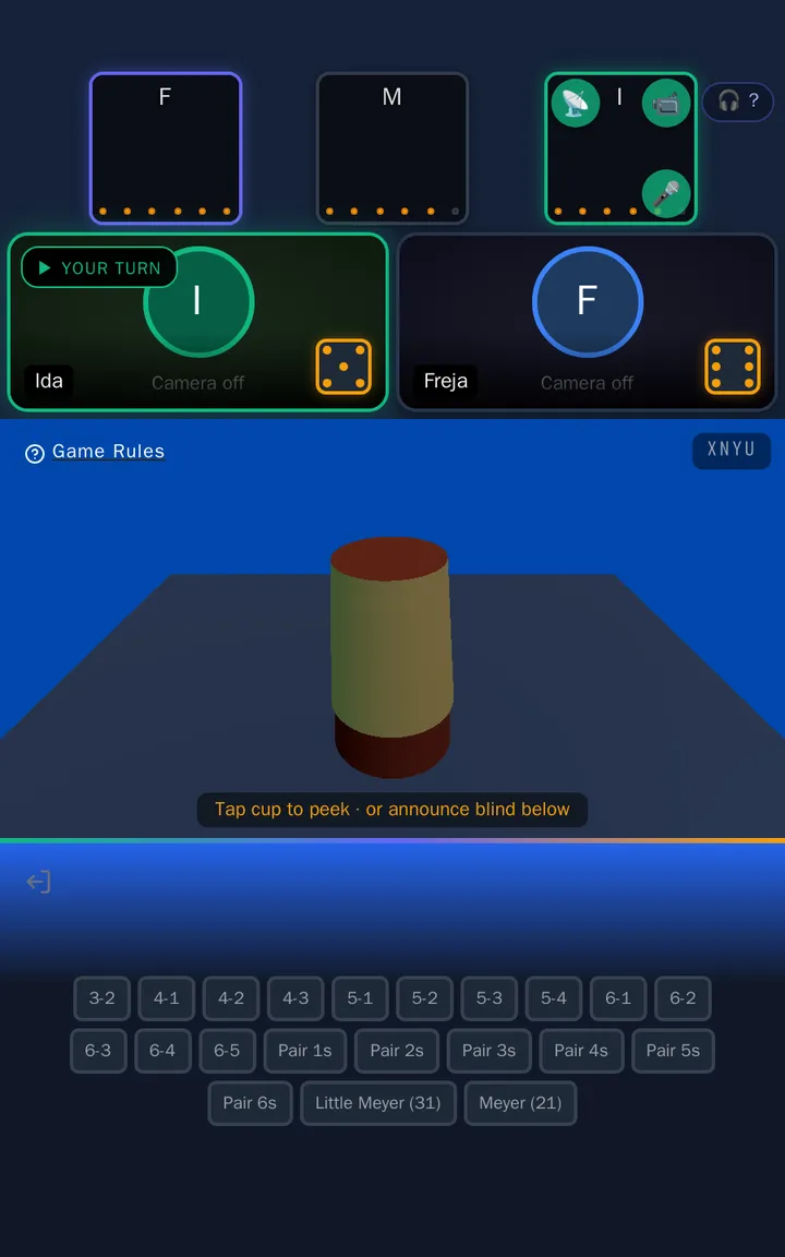 The roller's screen after rolling, with the hint "Tap cup to peek · or announce blind below" and the claim board