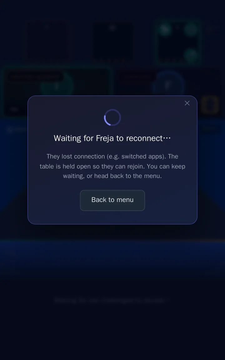 A dialog "Waiting for Freja to reconnect…" explaining the table is held open, with a Back to menu button