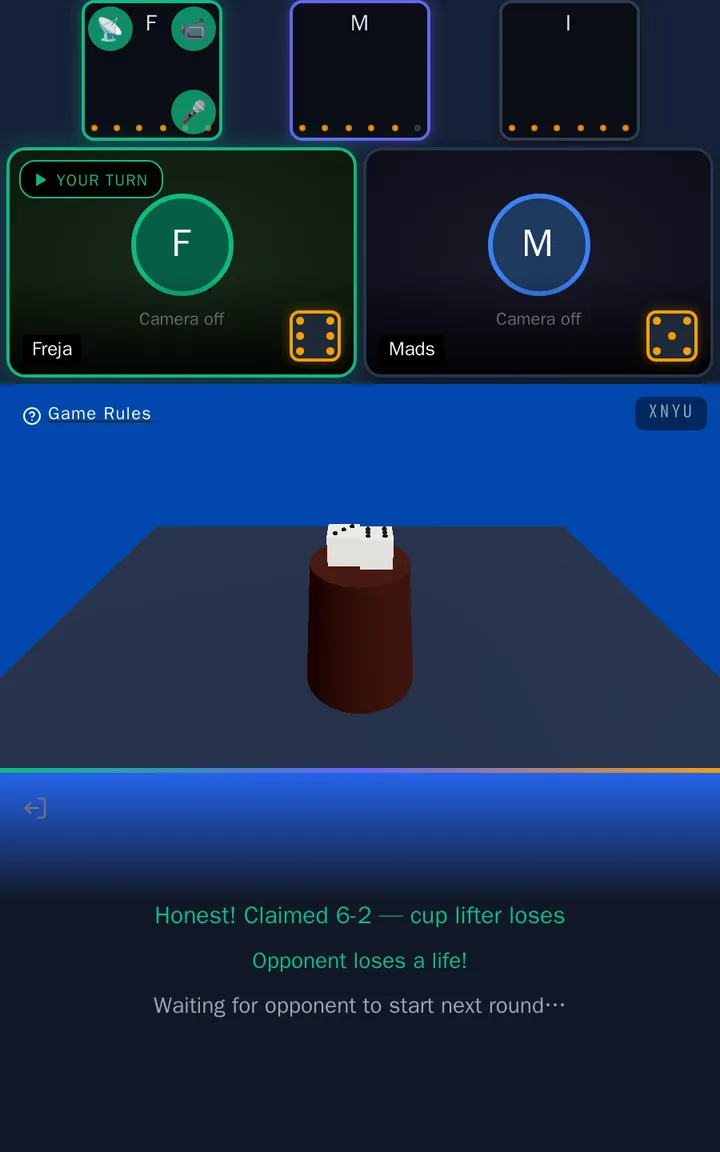 Freja's screen after the lift: "Honest! Claimed 6-2 — cup lifter loses" and "Opponent loses a life!"