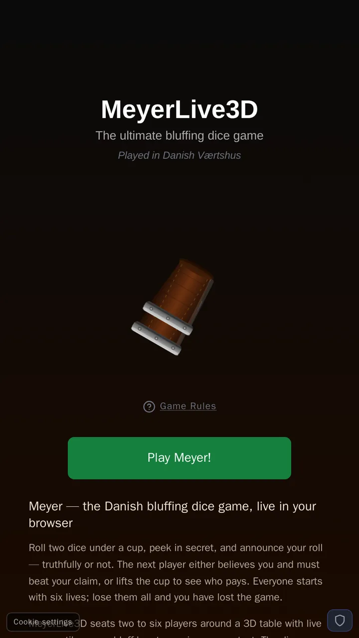 The MeyerLive3D welcome screen with the title, an animated dice cup and the green Play Meyer! button
